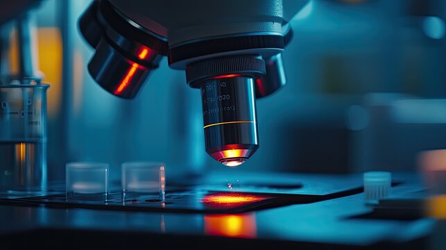 Microscope lens analyzing liquid droplets in a scientific laboratory