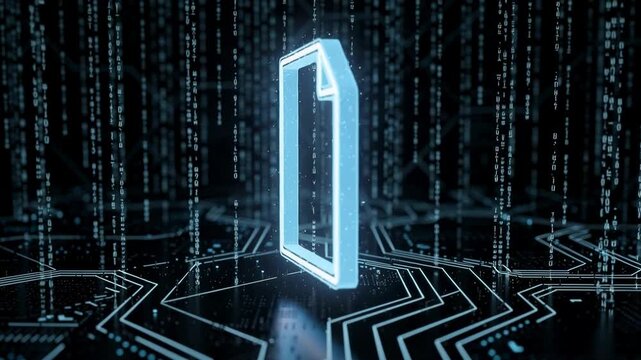 Futuristic digital file icon with glowing data streams and technology background in cyber space