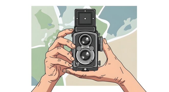 World Photography Day Human hands holding a classic twin lens reflex camera over a stylized map background showcasing travel and exploration