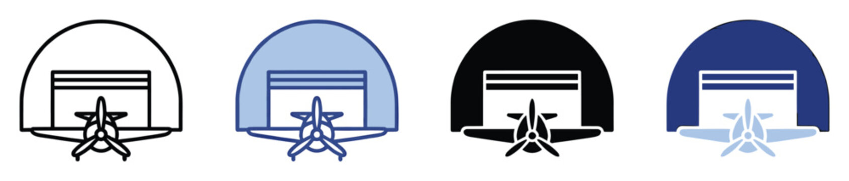 Airplane hangar and propeller aircraft icon for flight training and air travel navigation