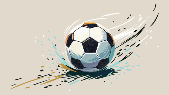 Leather soccer ball spinning with dirt and water splashing around isolated on beige color background
