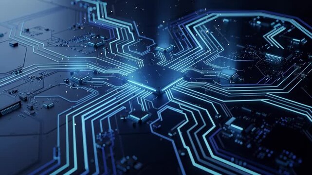 Close up view of futuristic glowing blue computer microchip circuit board technology