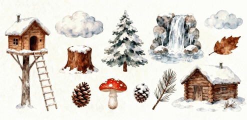 Natural Winter Elements Cozy Winter Nature Collection isolated watercolor vector illustration svg  © Arun168