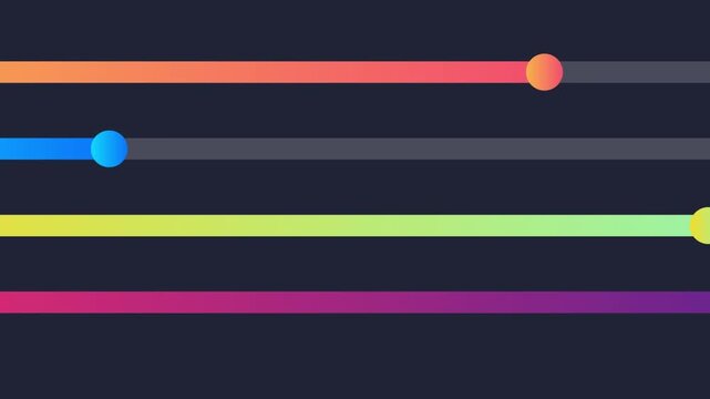 Minimalist loading progress bars animation, colorful flat motion graphics, vibrant data processing status indicators on dark background