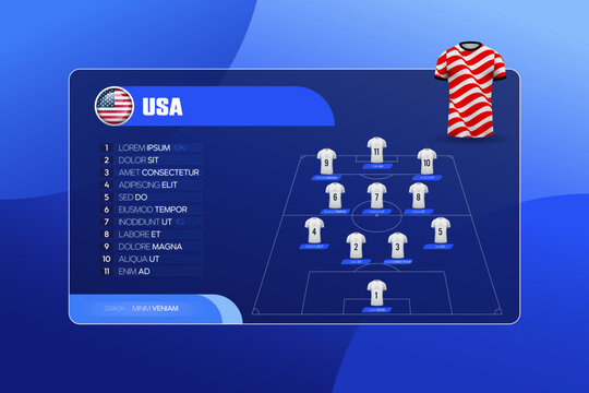 Professional world football 2026 lineup vector template for USA team featuring strategic formation with jersey illustration and editable placeholder text.