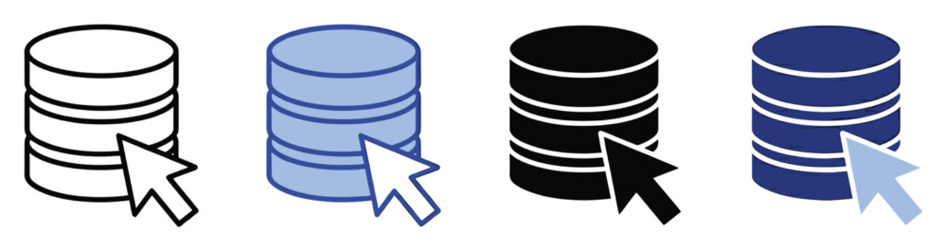 Database server symbol with a computer mouse cursor pointing for data management and digital interaction.
