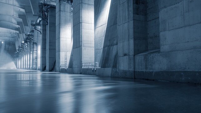 Concrete dam spillway with water flowing