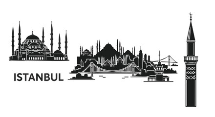 Naklejka premium Black and white istanbul skyline illustration with famous landmarks