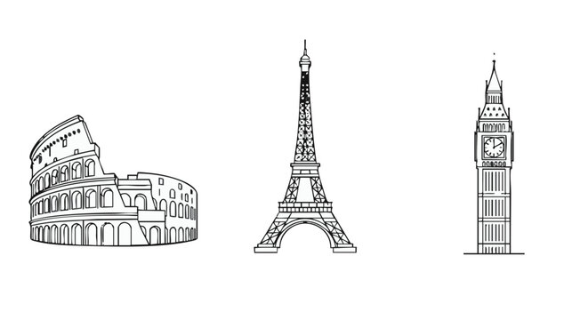 Three iconic landmarks vector illustration: colosseum, eiffel tower, big ben