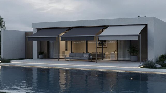 Modern house with sleek outdoor patio and pool featuring retractable awnings and stylish furniture at dusk