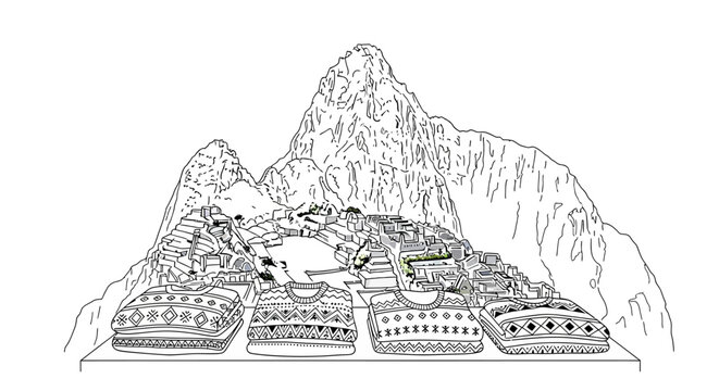 Ancient Machu Picchu Architectural Drawing and Souvenirs