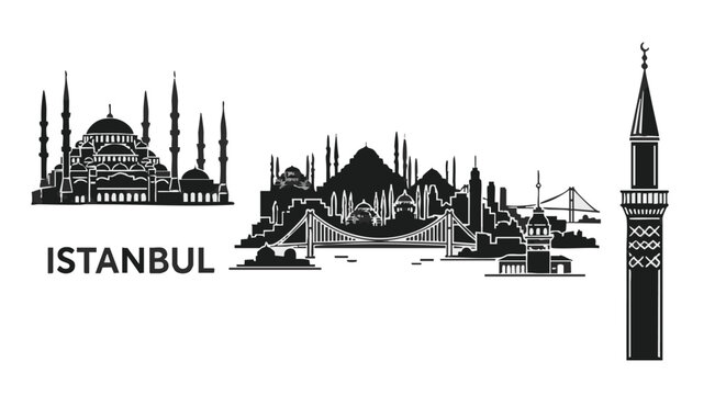 Black and white istanbul skyline illustration with famous landmarks