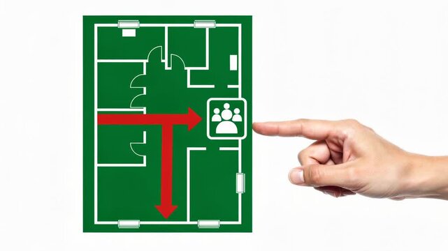 Emergency evacuation plan with hand pointing direction to safety assembly area sign in building