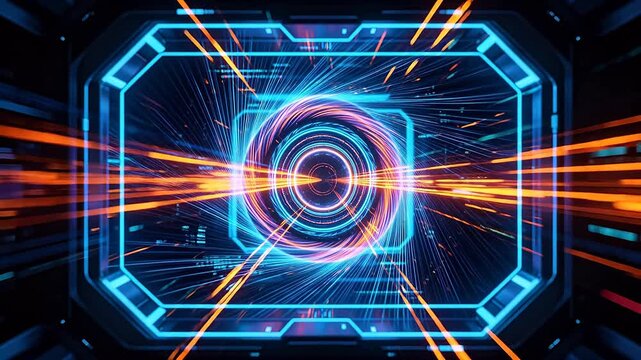 Digital interface frame with colorful glowing circular energy ring and dynamic light trails