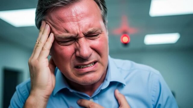 Man experiencing severe headache, chest pain, symptoms of critical high blood pressure, intense hypertension, elevated vascular pressure, circulatory system strain, serious health risk