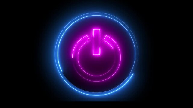  Glowing neon pink and blue color power button icon animation technology shutdown screen turn on off button stop startup computer and mobile phone electric futuristic on black background