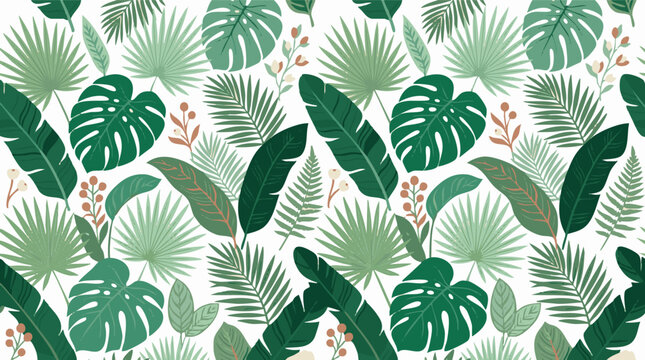 Lush green tropical leaves in a seamless vector pattern, featuring monstera, palm, and banana foliage. Vibrant botanical background for modern textile and digital designs