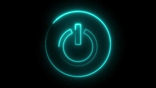  Glowing neon cyan color power button icon animation technology shutdown screen turn on off button stop startup computer and mobile phone electric futuristic on black background
