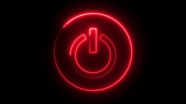  Glowing neon red color power button icon animation technology shutdown screen turn on off button stop startup computer and mobile phone electric futuristic on black background
