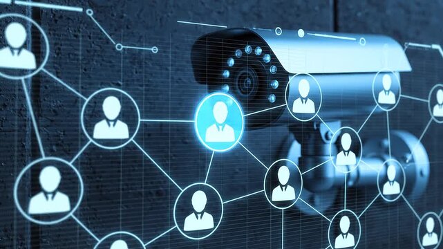 Smart surveillance camera connected to digital user network, representing cybersecurity, facial recognition, monitoring systems, and advanced security technology