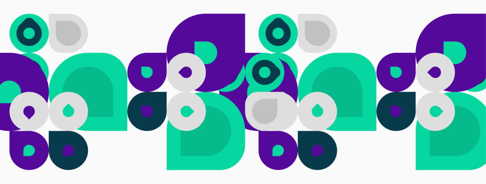 Abstract geometric pattern. Circles, squares, rounded rectangles overlap creating vibrant visual rhythm. Teal, purple, gray dominate composition.