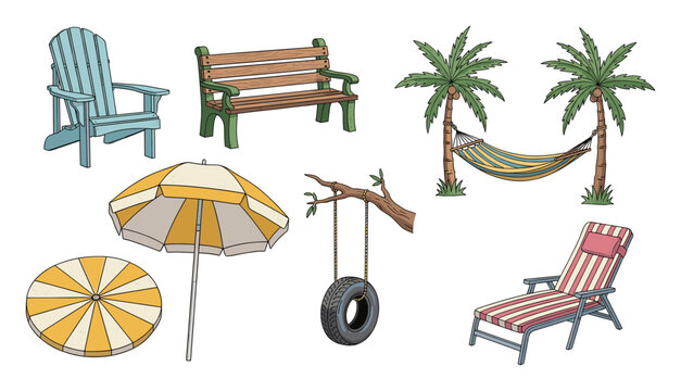Outdoor leisure furniture, beach accessories, and garden recreation items set