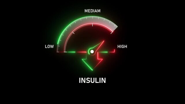 Insulin low, text, word level concept.Suitable for low insulin level, weak hormone function. Motion graphics of Insulin meter level concept