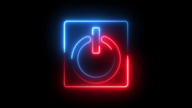  Glowing neon red and blue color power button icon animation technology shutdown screen turn on off button stop startup computer and mobile phone electric futuristic on black background