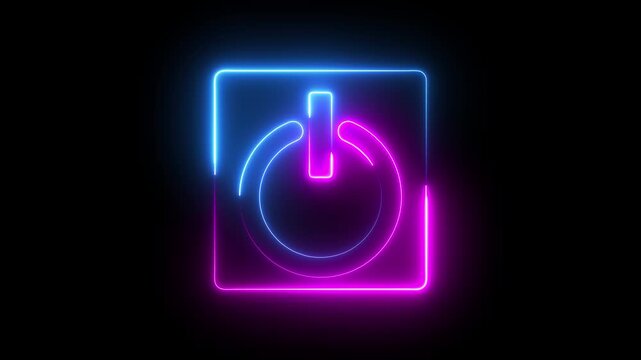  Glowing neon pink and blue color power button icon animation technology shutdown screen turn on off button stop startup computer and mobile phone electric futuristic on black background