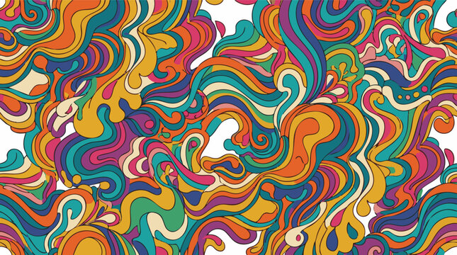 Seamless vector pattern design featuring a vibrant, abstract, and psychedelic wave motif with swirling organic shapes in a retro color palette, perfect for backgrounds and textiles