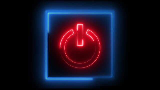  Glowing neon red and blue color power button icon animation technology shutdown screen turn on off button stop startup computer and mobile phone electric futuristic on black background