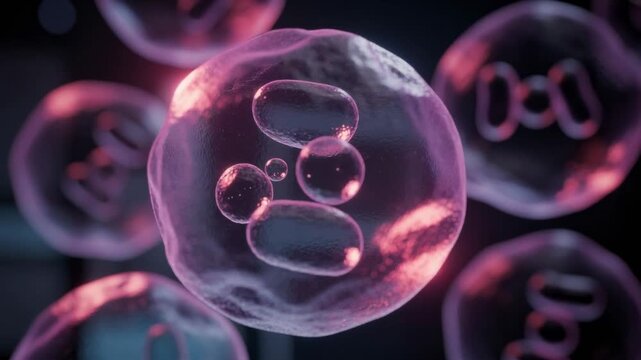 Close up of abstract glowing biological cells with internal structures in soft pink and purple light
