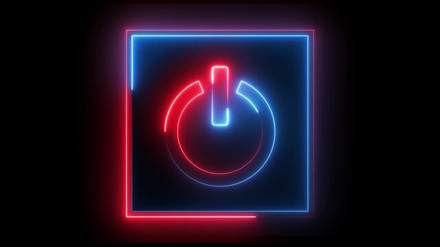  Glowing neon red and blue color power button icon animation technology shutdown screen turn on off button stop startup computer and mobile phone electric futuristic on black background