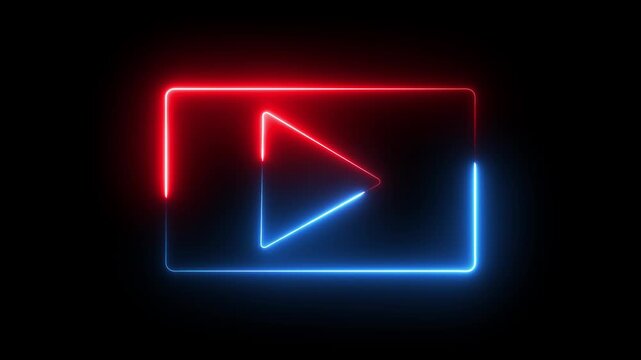 Glowing neon red and blue color play button icon animation music audio video media player icon on black background