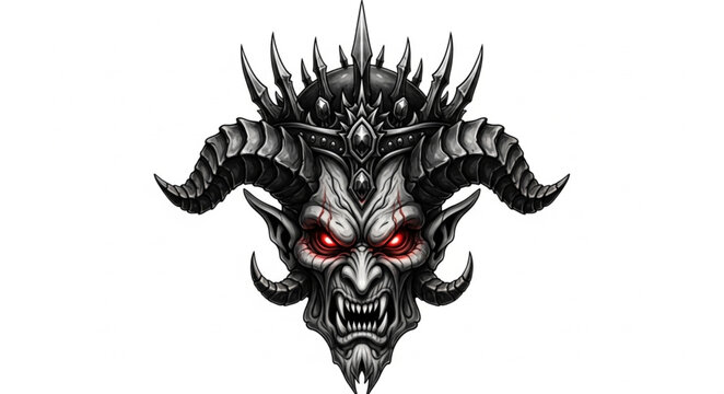 Demonic creature face with horns and glowing red eyes.
