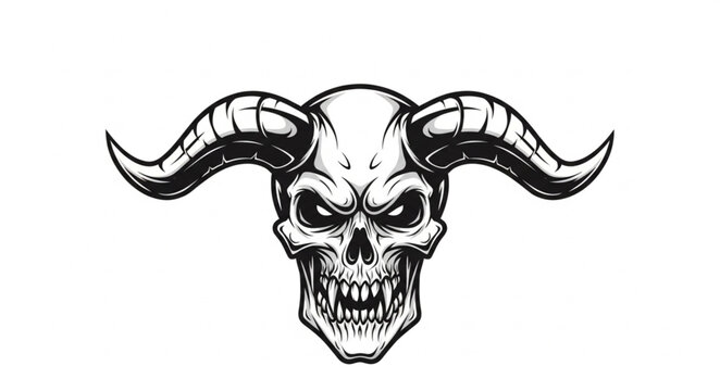 Demonic Skull With Large Horns Illustration.