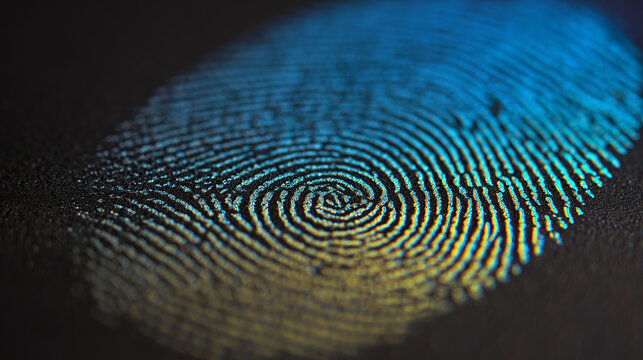 A macro shot of a glowing fingerprint with blue and gold neon light highlights on a textured black surface representing biometric security, digital identity, and forensic science technology