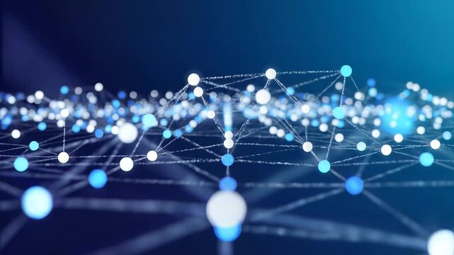 Abstract Network of Glowing Blue and White Nodes Connected by Lines.