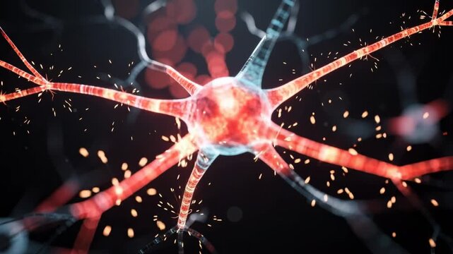 Close up illustration of glowing neural network with active synapses and sparks in deep space