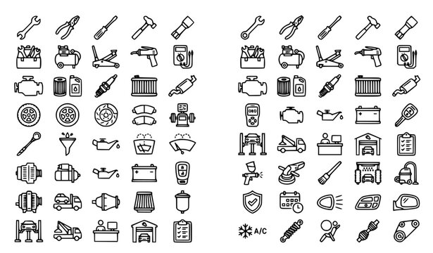 Auto service garage 55 line icon set with car repair oil engine and editable stroke vector collection