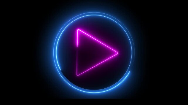 Glowing neon pink and blue color play button icon animation music audio video media player icon on black background
