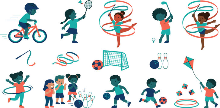 Children sports and outdoor activities set with cycling badminton rhythmic gymnastics golf bowling and soccer vectors