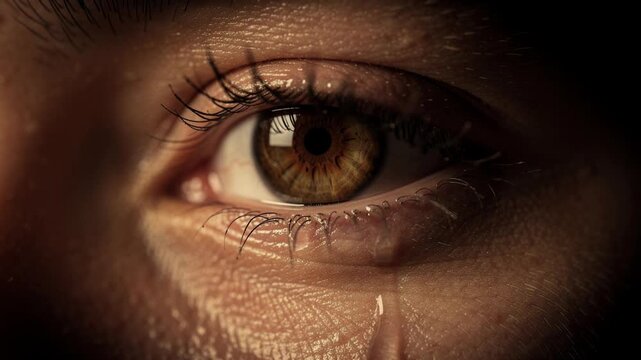Close up of a brown eye with tear drop showing human emotion and natural skin texture
