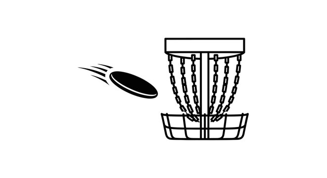 Minimalist flat icon of a disc golf target basket silhouette with a flying frisbee saucer isolated on white background, professional sports equipment vector illustration for outdoor recreation.