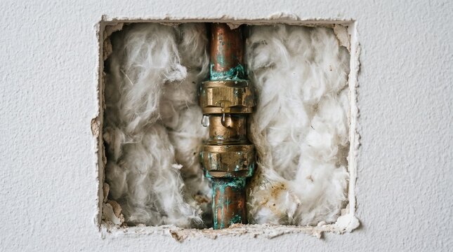 close-up of a corroded copper pipe joint with a visible water droplet, highlighting a plumbing leak behind a drywall cutout with fiberglass insulation.