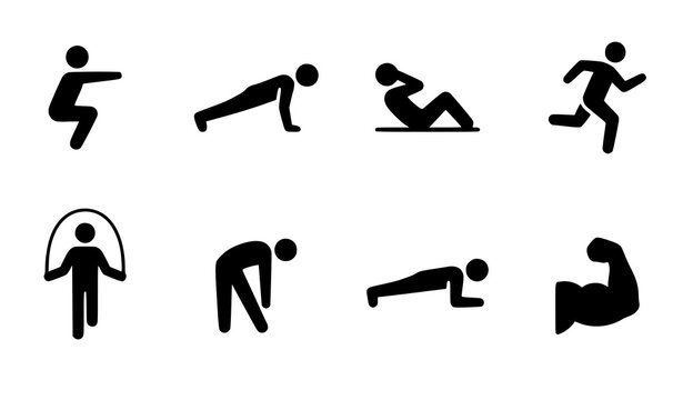 Routine exercises flat icon set daily fitness workout vector pictograms