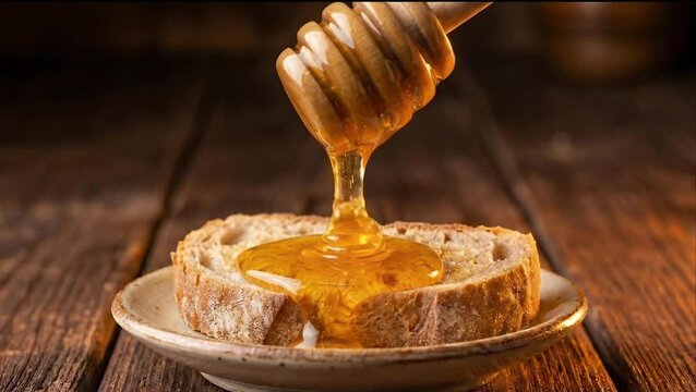 Golden honey dripping from a wooden dipper onto a slice of crusty bread, slow motion, rustic wooden background, cinematic lighting.