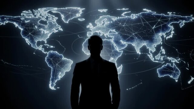 Silhouette of a businessman standing in front of a glowing digital world map with global network connections