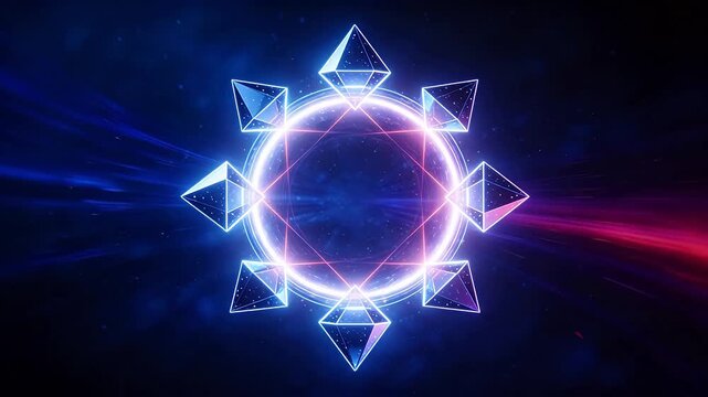 Glowing ring structure surrounded by prisms in deep space