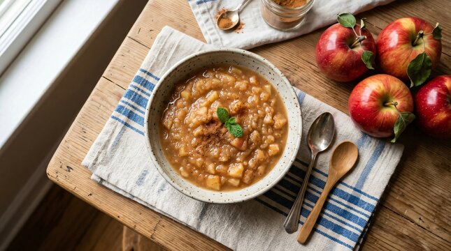 Homemade applesauce in bowl with fresh apples on rustic table